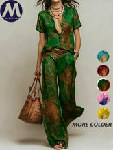 Load image into Gallery viewer, Women's Summer 2-Piece Set Elegant Printed Short Sleeve Shirt Top with Fashionable Casual Loose Wide Leg Pants Ensemble