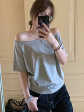 Load image into Gallery viewer, T-shirts Women Niche Design Off Shoulder Solid Short Sleeve Summer Chic Loose Casual Daily Simple Sexy Korean Trendy Street Tops