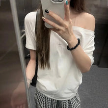 Load image into Gallery viewer, T-shirts Women Niche Design Off Shoulder Solid Short Sleeve Summer Chic Loose Casual Daily Simple Sexy Korean Trendy Street Tops