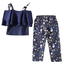 Load image into Gallery viewer, Summer Teen Girls Flower Chiffon Clothing Set Children Off Shoulder tops Floral Pants Kids Outfits Girl Clothes For 8 12 14Years