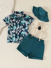 Load image into Gallery viewer, Baby Boy Spring and Summer Beach Vacation Set with Maple Leaf Print Top, Short Sleeves, Shorts, Hat, and Belt – 4 Pieces