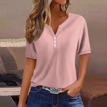 Load image into Gallery viewer, Women Summer Trendy Simple Casual Fashion Button T Shirt V Neck Short Sleeve Solid Loose Pullover Tops Plus Size Ropa De Mujer