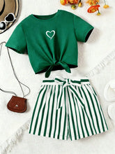 Load image into Gallery viewer, Women's casual daily short sleeved love printed+striped printed shorts 2-piece set with random belt striped children's clothing