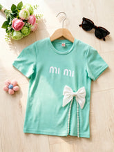 Load image into Gallery viewer, Summer Kids Girls T-shirt Letter Printing Bow Split Loose Long Children's T-Shirt Tops For 3-12 Years Girl Clothing