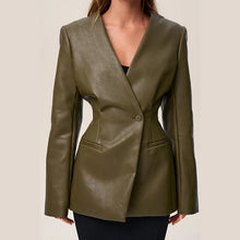 Load image into Gallery viewer, Autumn and winter fashion new style temperament green V-neck slim fit suit leather jacket for women