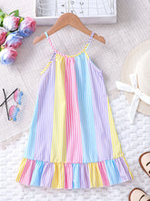 Load image into Gallery viewer, Girls' Summer Colorful Striped Ruffle Hem Dress Children's Summer Vacation Beach Play Suspender Dress