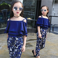 Load image into Gallery viewer, Summer Teen Girls Flower Chiffon Clothing Set Children Off Shoulder tops Floral Pants Kids Outfits Girl Clothes For 8 12 14Years
