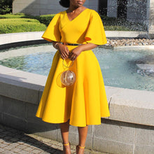 Load image into Gallery viewer, Trumpet Sleeve V-Neck Midi Dress
