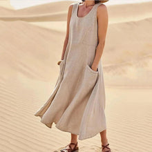 Load image into Gallery viewer, New Product in Stock Wish Aliexpress Amazon Independent Station Sleeveless Plus Flap Pocket Pants Pure Color Cotton and Linen Midi Dress
