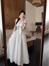 Load image into Gallery viewer, Gentle Style Stripesd Bow Halter V-Neck Dress for Women Summer Seaside Vacation A-Line Skirt French Style Long Skirt
