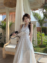 Load image into Gallery viewer, Gentle Style Stripesd Bow Halter V-Neck Dress for Women Summer Seaside Vacation A-Line Skirt French Style Long Skirt
