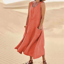 Load image into Gallery viewer, New Product in Stock Wish Aliexpress Amazon Independent Station Sleeveless Plus Flap Pocket Pants Pure Color Cotton and Linen Midi Dress
