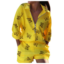 Load image into Gallery viewer, Printed Zipper Long Sleeve Top Shorts Two-piece Set
