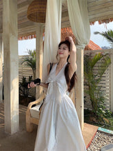 Load image into Gallery viewer, Gentle Style Stripesd Bow Halter V-Neck Dress for Women Summer Seaside Vacation A-Line Skirt French Style Long Skirt
