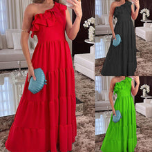 Load image into Gallery viewer, FD1549 2024 Spring and Autumn new cross-border ladies fashion sexy solid color one shoulder large swing mid-length dress
