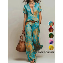 Load image into Gallery viewer, Women's Summer 2-Piece Set Elegant Printed Short Sleeve Shirt Top with Fashionable Casual Loose Wide Leg Pants Ensemble
