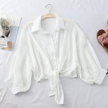 Load image into Gallery viewer, Summer Sun-protective Clothing Casual Loose Clothes Elegant Solid Color Tied Waist Blouse Bat Half Sleeve Button Chiffon Shirt
