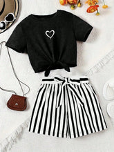Load image into Gallery viewer, Women's casual daily short sleeved love printed+striped printed shorts 2-piece set with random belt striped children's clothing
