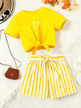 Load image into Gallery viewer, Women's casual daily short sleeved love printed+striped printed shorts 2-piece set with random belt striped children's clothing
