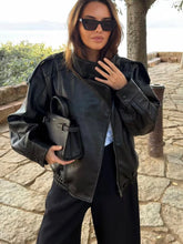 Load image into Gallery viewer, TFMLN 2025 Women Faux Leather Loose Jacket High Street Stand Collar Long Sleeve Coat Fashion Causal Zipper Outwear Autumn Winter
