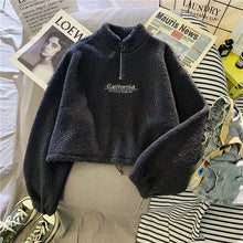 Load image into Gallery viewer, Women Stand Neck Fleece Cropped Hoodies Autumn Letter Embroidery Long Sleeve Drawstring Sweatshirt Elegant Plush Velvet Tops
