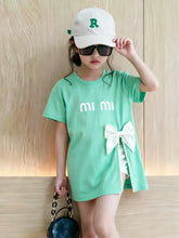 Load image into Gallery viewer, Summer Kids Girls T-shirt Letter Printing Bow Split Loose Long Children's T-Shirt Tops For 3-12 Years Girl Clothing
