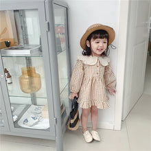 Load image into Gallery viewer, Girls Clothing Cute Children Dresses Kids Baby Girl Plaid Cotton Linen Lapel Collar Dress Long Sleeve Skirt

