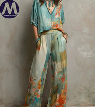 Load image into Gallery viewer, Women's Summer Fashion Set Elegant Printed Seven-Quarter Sleeve Top with Loose Wide Leg Pants Casual 2-Piece Outfit
