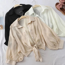 Load image into Gallery viewer, Summer Sun-protective Clothing Casual Loose Clothes Elegant Solid Color Tied Waist Blouse Bat Half Sleeve Button Chiffon Shirt
