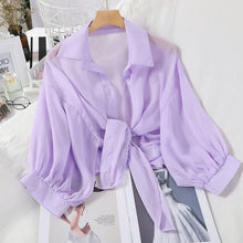 Load image into Gallery viewer, Summer Sun-protective Clothing Casual Loose Clothes Elegant Solid Color Tied Waist Blouse Bat Half Sleeve Button Chiffon Shirt
