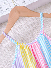 Load image into Gallery viewer, Girls' Summer Colorful Striped Ruffle Hem Dress Children's Summer Vacation Beach Play Suspender Dress
