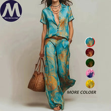 Load image into Gallery viewer, Women's Summer 2-Piece Set Elegant Printed Short Sleeve Shirt Top with Fashionable Casual Loose Wide Leg Pants Ensemble
