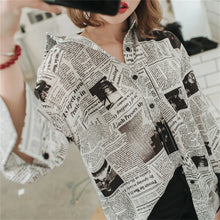 Load image into Gallery viewer, Trendy Shirt Blouse Simple Thin Newspaper Print Shirt Summer Loose Shirt Top Women Solid Color Sun Protection Shirt Streetwear
