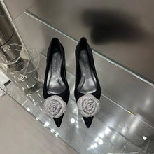Load image into Gallery viewer, Flat Shoes for Women 2025 Spring Autumn Casual Diamond Rose Flower Shallow Mouth Black Low Heel Pointed Toe Ladies Shoes
