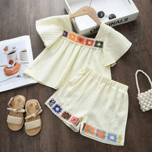 Load image into Gallery viewer, Leisure Vacation Style Children's Suit Solid Color Flower Embroidery Square Neck Short Sleeved Top+shorts Two-piece Set Summer

