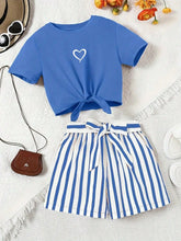 Load image into Gallery viewer, Women's casual daily short sleeved love printed+striped printed shorts 2-piece set with random belt striped children's clothing
