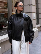 Load image into Gallery viewer, TFMLN 2025 Women Faux Leather Loose Jacket High Street Stand Collar Long Sleeve Coat Fashion Causal Zipper Outwear Autumn Winter

