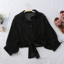 Load image into Gallery viewer, Summer Sun-protective Clothing Casual Loose Clothes Elegant Solid Color Tied Waist Blouse Bat Half Sleeve Button Chiffon Shirt
