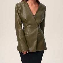 Load image into Gallery viewer, Autumn and winter fashion new style temperament green V-neck slim fit suit leather jacket for women
