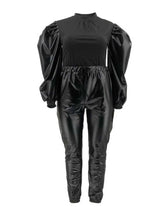 Load image into Gallery viewer, 2 Pieces Set Ladies Fall and Winter Plus Size Women Clothing 2xl 3xl 4xl 5xl Outfits Patchwork Pu Knit Top and Leather Pant Sets

