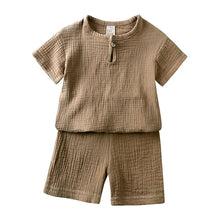Load image into Gallery viewer, Cotton Linen Kids Clothes Girls Outfit Summer Boy Clothing Sets Solid Color Short Sleeve Tops Shorts Children Clothing 2-7 Years
