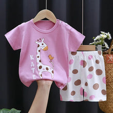Load image into Gallery viewer, 2-6 Years Baby Girl Summer Set Children's Short-sleeved Shorts Suit Cotton T-shirt Little Girls Unicorn Giraffe Cartoon Set
