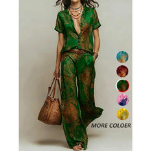 Load image into Gallery viewer, Women's Summer 2-Piece Set Elegant Printed Short Sleeve Shirt Top with Fashionable Casual Loose Wide Leg Pants Ensemble
