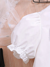 Load image into Gallery viewer, Girls' Spring &amp; Summer Two-Piece Set: White Top with Bow Decor + Black Buttoned Collared Long Skirt
