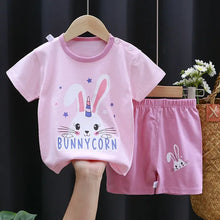 Load image into Gallery viewer, 2-6 Years Baby Girl Summer Set Children's Short-sleeved Shorts Suit Cotton T-shirt Little Girls Unicorn Giraffe Cartoon Set

