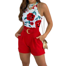 Load image into Gallery viewer, Women's Casual Tops Pants Suit, Sleeveless Round Neck Floral Print Vest + High Waist Trousers with Waist Belt
