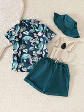 Load image into Gallery viewer, Baby Boy Spring and Summer Beach Vacation Set with Maple Leaf Print Top, Short Sleeves, Shorts, Hat, and Belt – 4 Pieces
