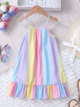 Load image into Gallery viewer, Girls' Summer Colorful Striped Ruffle Hem Dress Children's Summer Vacation Beach Play Suspender Dress

