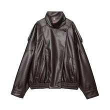 Load image into Gallery viewer, TFMLN 2025 Women Faux Leather Loose Jacket High Street Stand Collar Long Sleeve Coat Fashion Causal Zipper Outwear Autumn Winter
