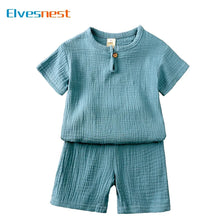 Load image into Gallery viewer, Cotton Linen Kids Clothes Girls Outfit Summer Boy Clothing Sets Solid Color Short Sleeve Tops Shorts Children Clothing 2-7 Years
